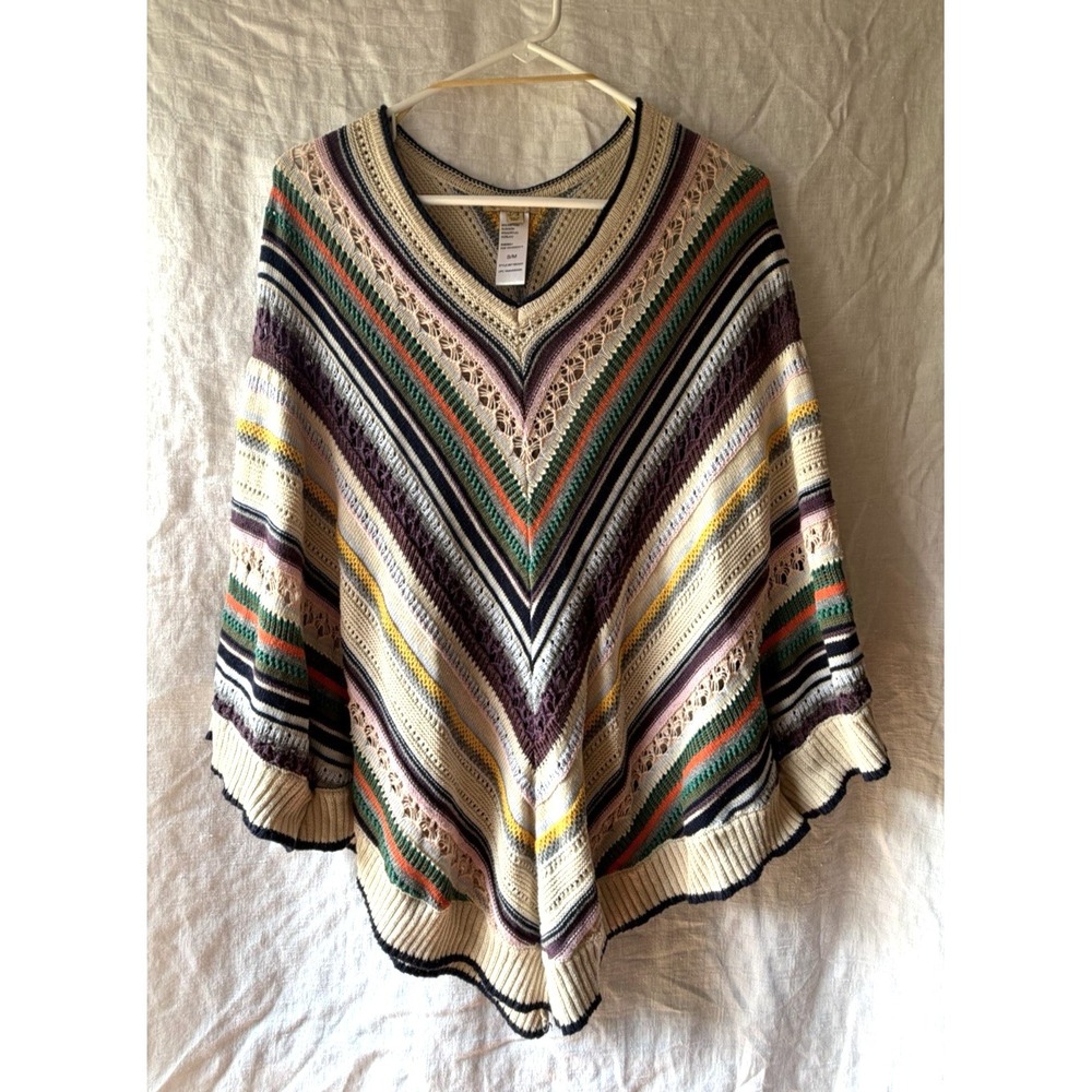 Democracy Sweater Knit Women's S/M Poncho Multicolor Bohemian Striped Cotton‎